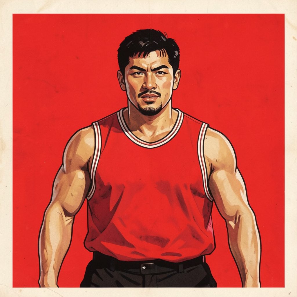 Stylized painting of a bold red vest with flowing detail evoking a wrestling entrance outfit