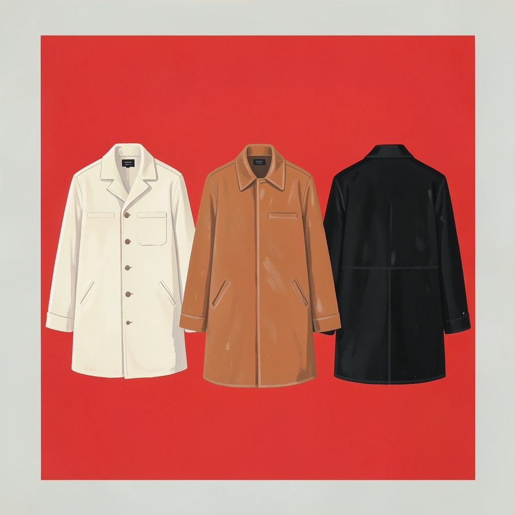 Three leather garments in cream, terracotta, and ink black arranged side by side on a soft pale surface