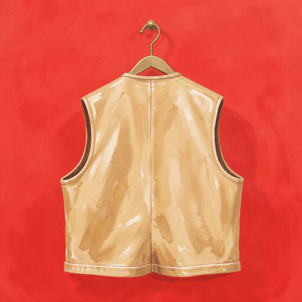 A tan leather vest hanging on a brass hook painted in soft caramel and bone tones