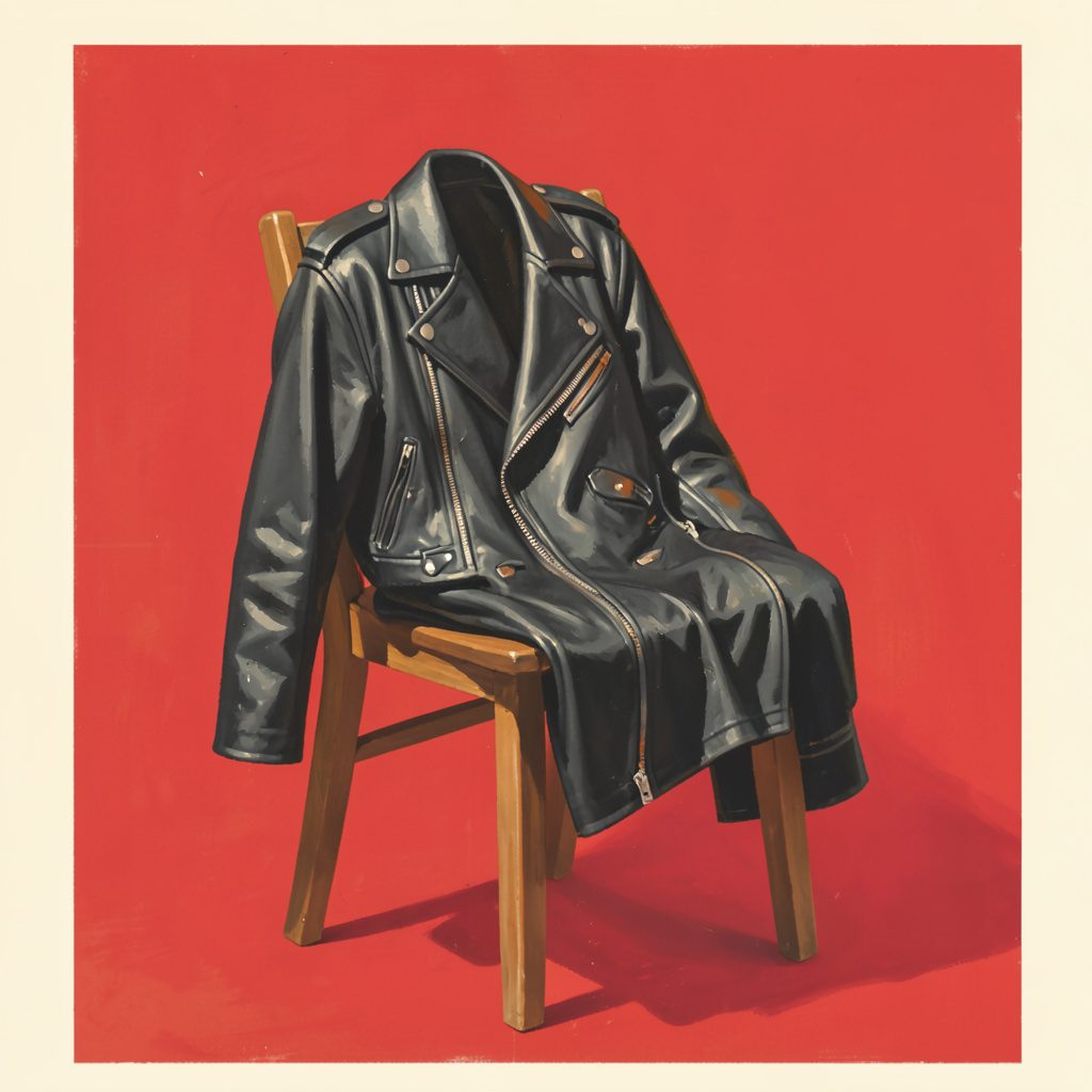 A black leather biker jacket draped over a wooden chair in warm cream and charcoal tones